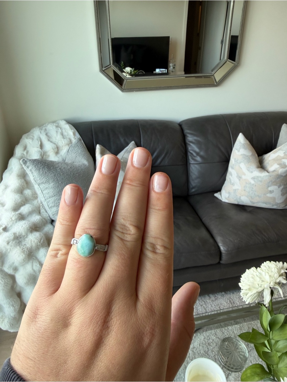 Sterling Silver Aqua Gemstone Oval Ring - Aqua Green